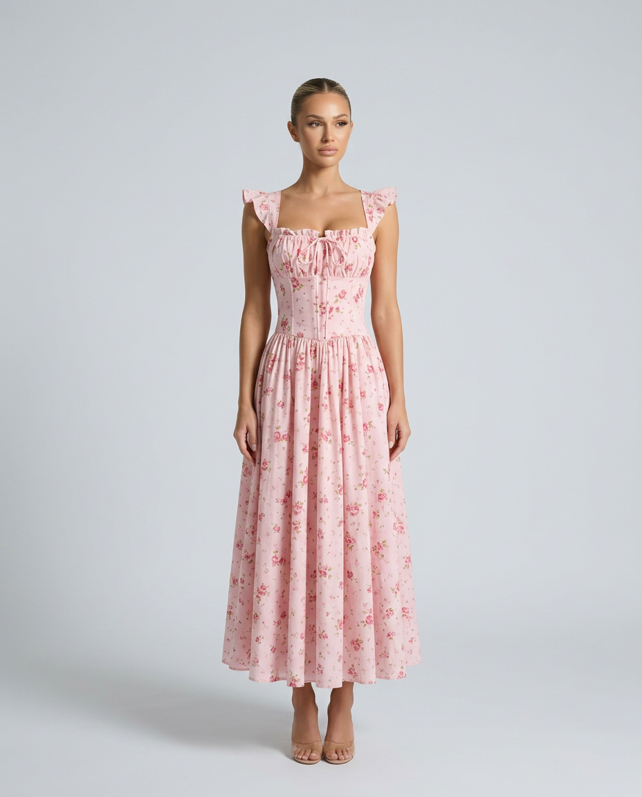 Tabitha | Midi Sundress with Floral Print and Lace-Up Back
