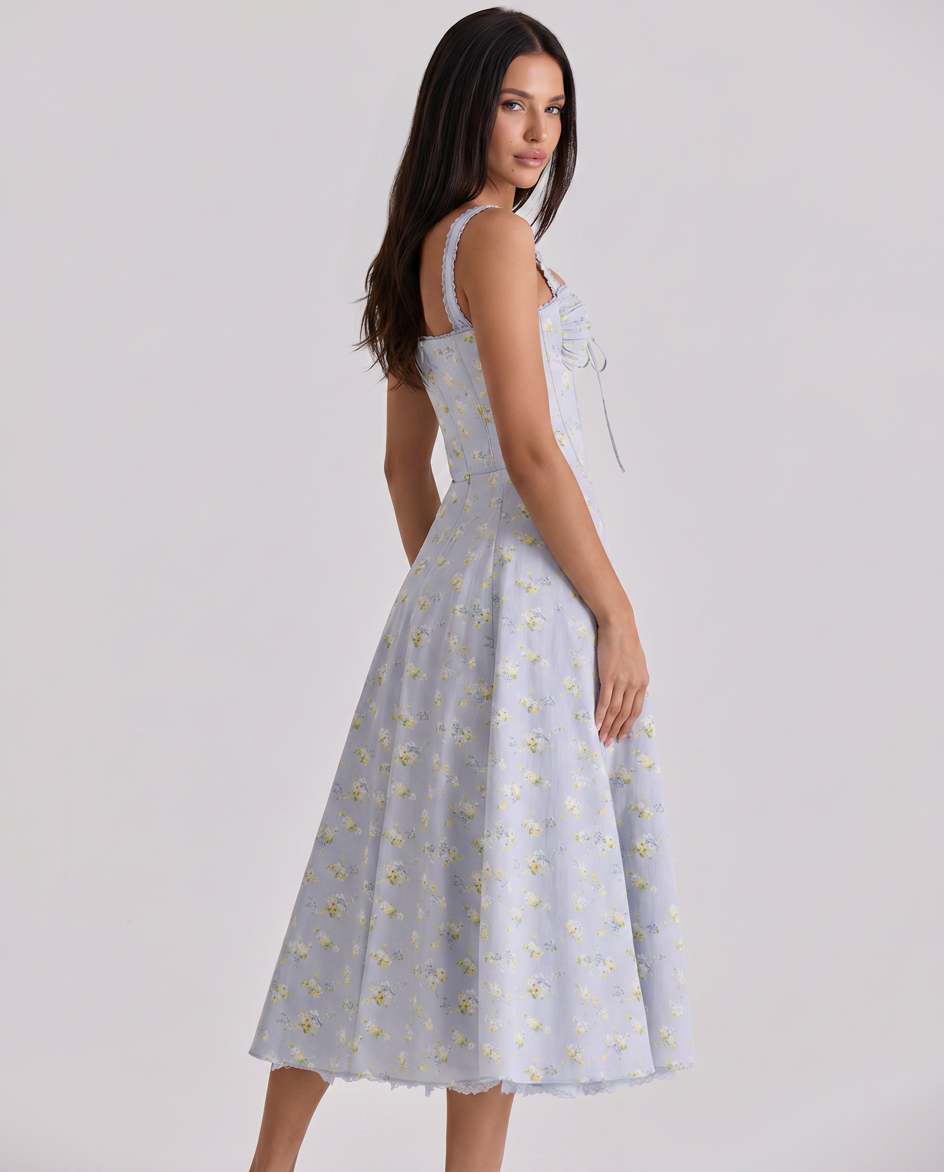 strap decorated bodice midi dress Women's Floral Midi Dress Corset Lace Strap Frances