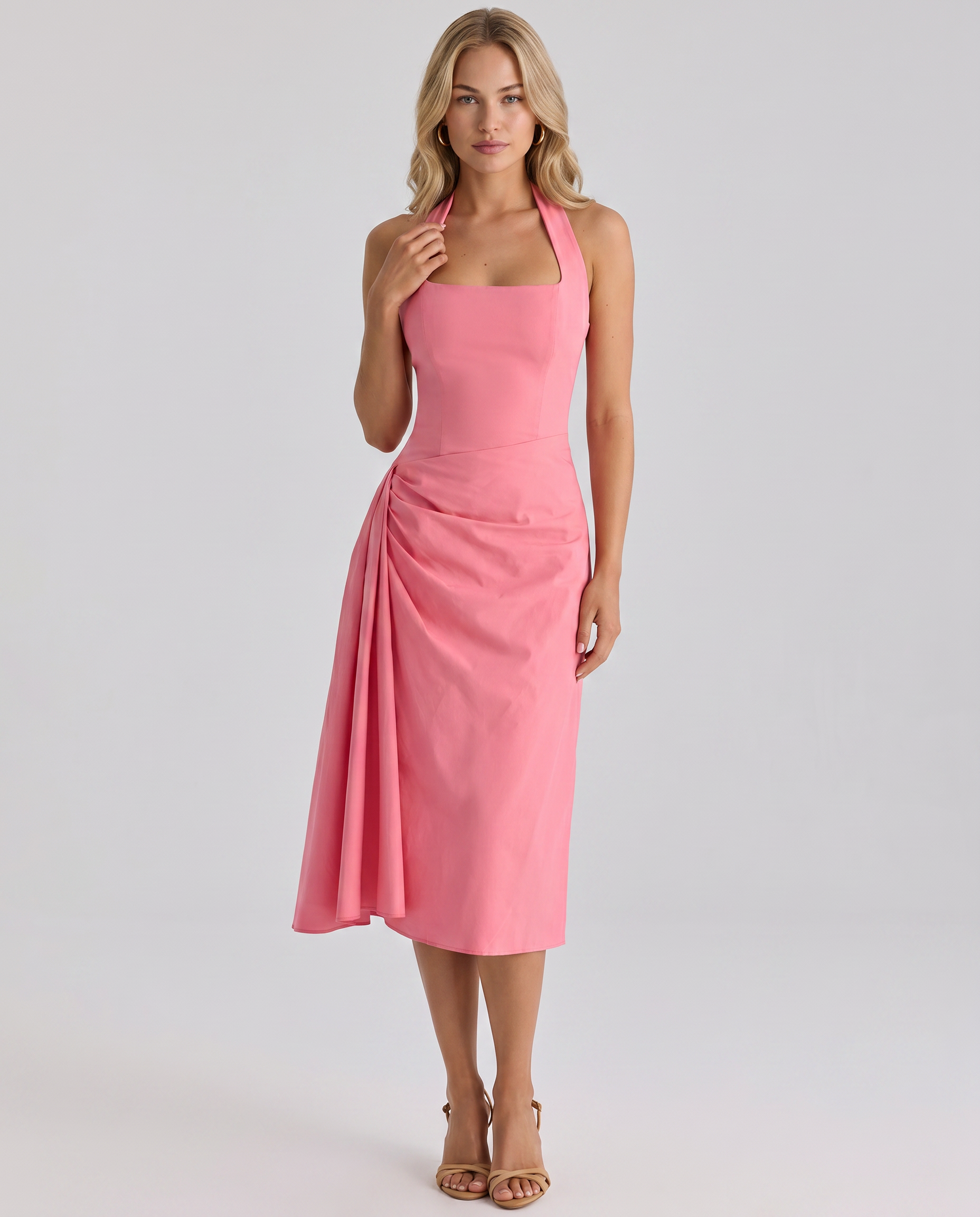 Bessie | Halter Neck Midi Dress with Draped Skirt