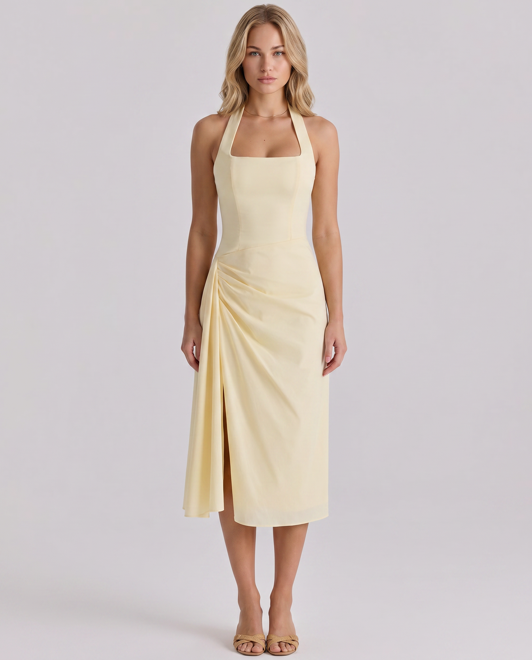 Bessie | Halter Neck Midi Dress with Draped Skirt