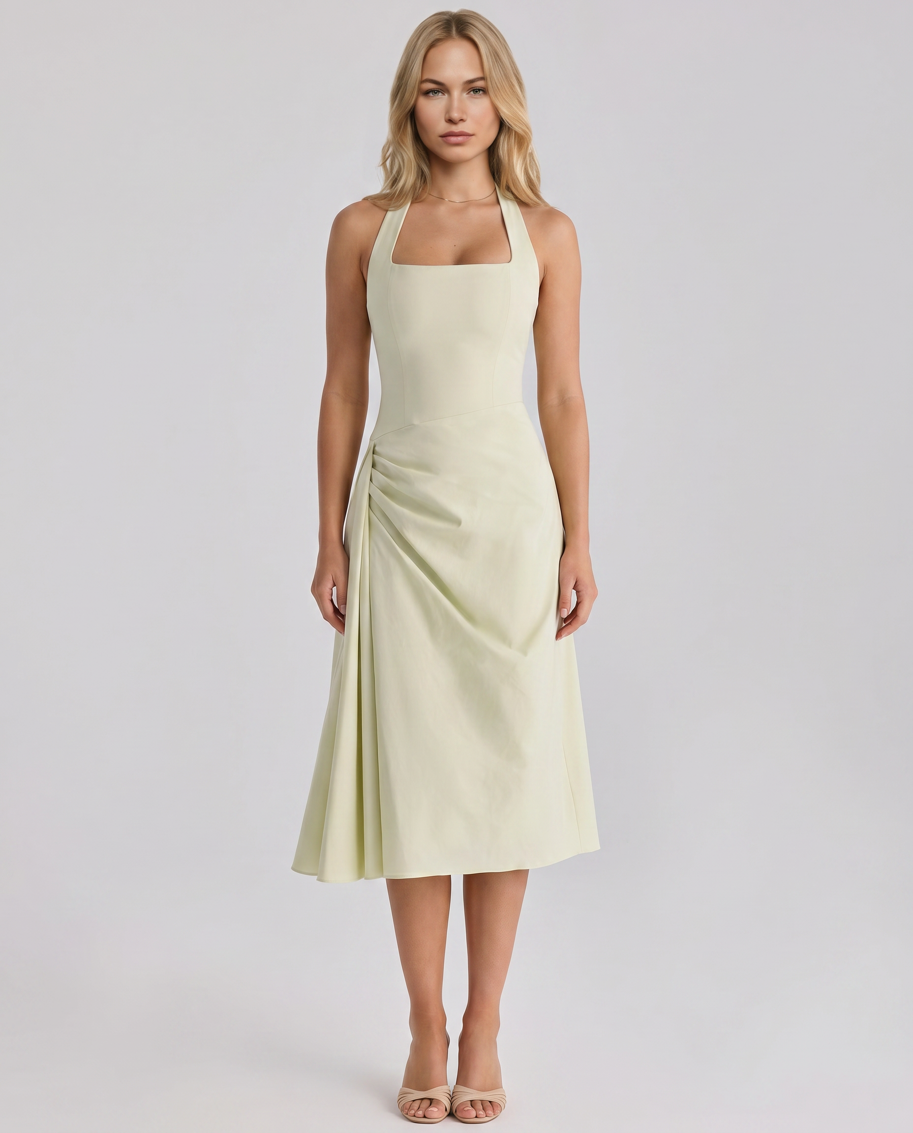 Bessie | Halter Neck Midi Dress with Draped Skirt