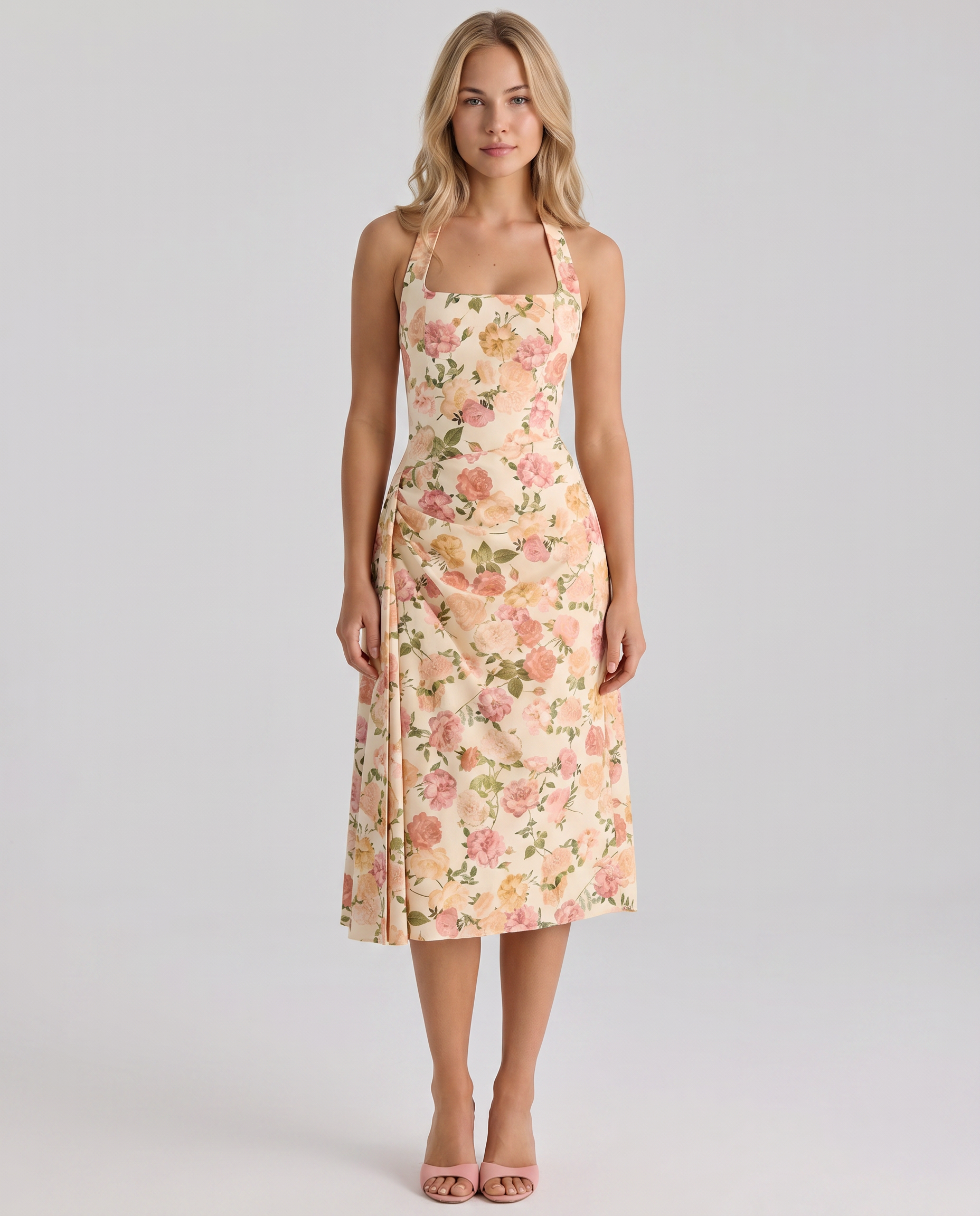Bessie | Halter Neck Midi Dress with Draped Skirt
