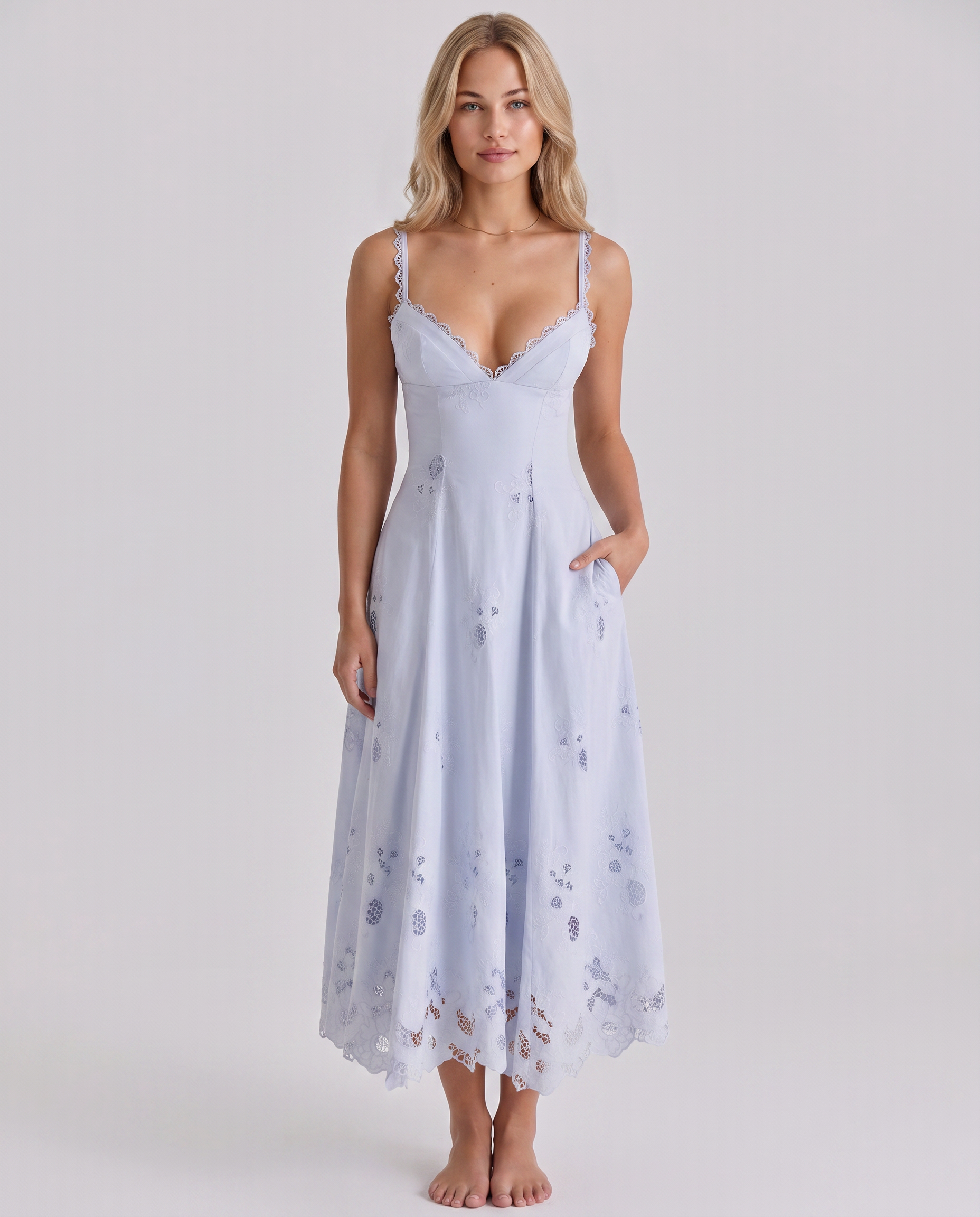 Women's Cotton Lace Midi Dress V Neck Strappy Sorrel