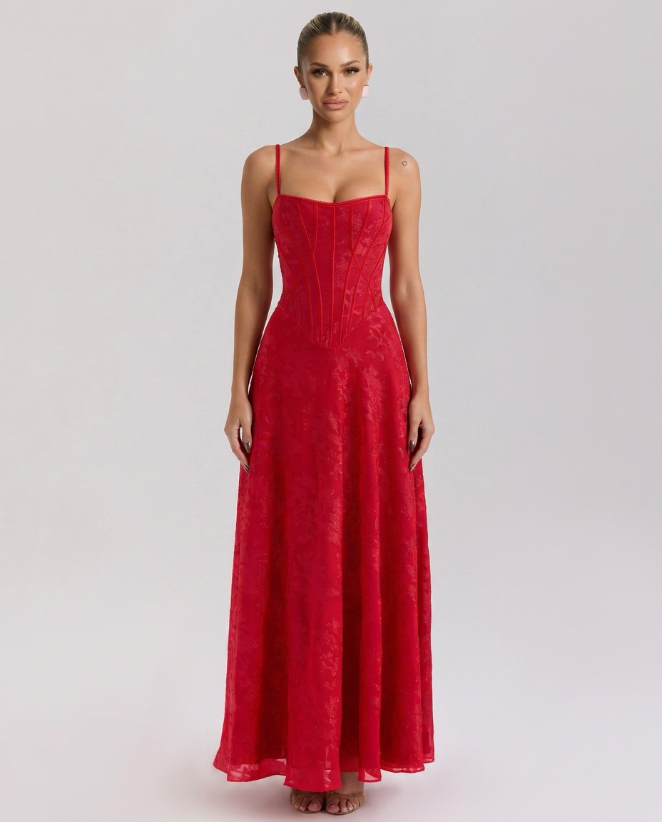 Reva | Maxi Dress in Lurex Chiffon with Corset Bodice