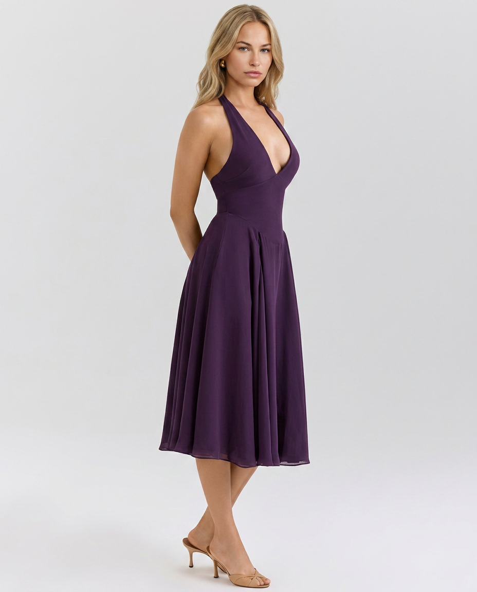 Women's Halter Midi Dress Flowy Sleeveless Georgette Glenda Women's Halter Midi Dress Flowy Sleeveless Georgette Glenda