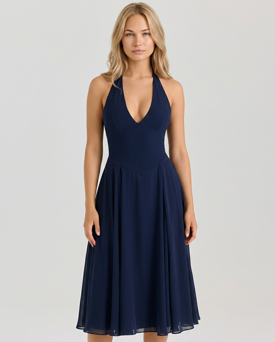 Women's Halter Midi Dress Flowy Sleeveless Georgette Glenda