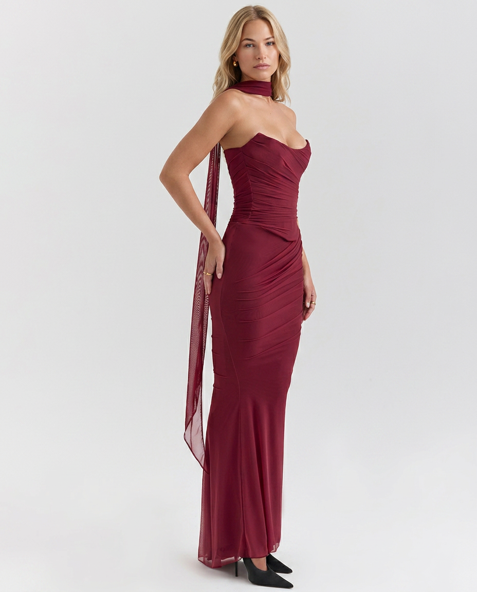 Helen | Strapless Maxi Dress with Corset Bodice and Neck Scarf