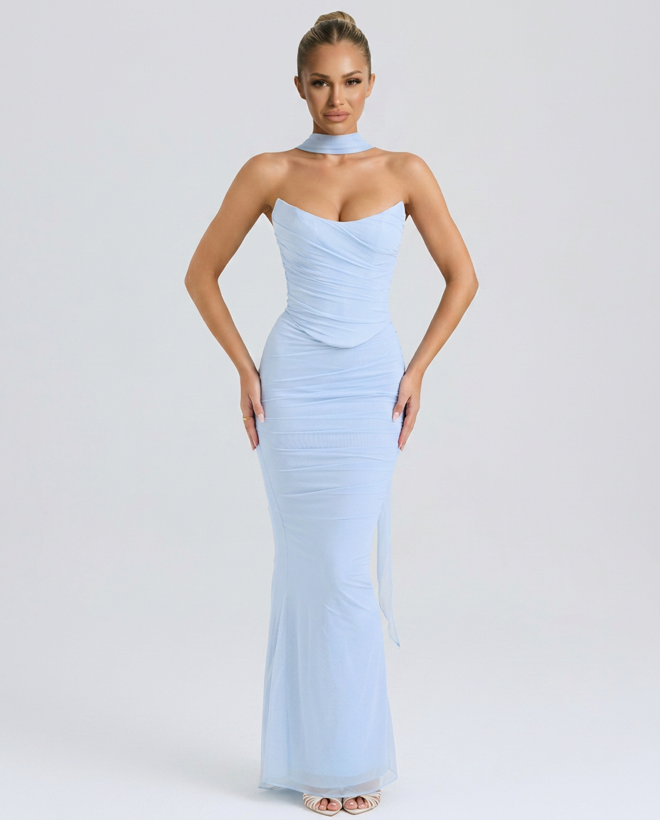 Helen | Strapless Maxi Dress with Corset Bodice and Neck Scarf