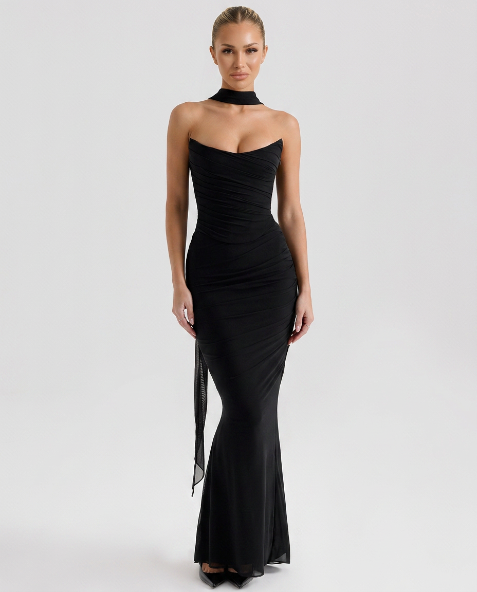 Helen | Strapless Maxi Dress with Corset Bodice and Neck Scarf