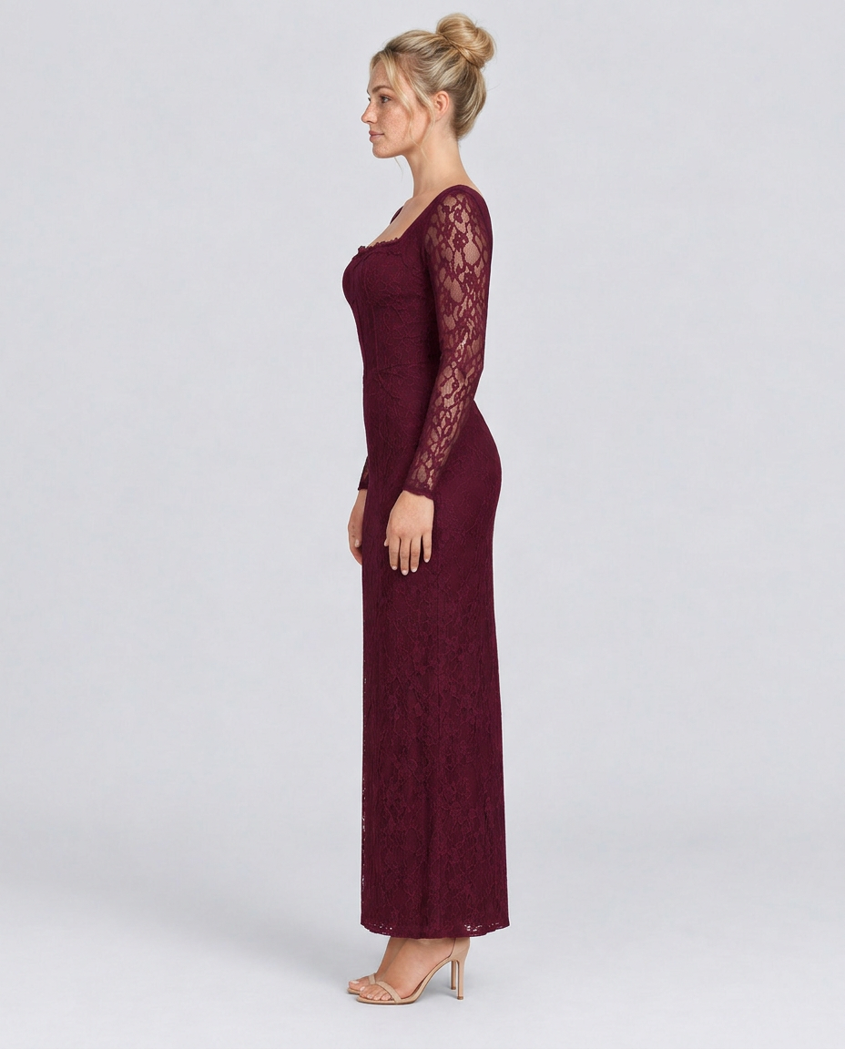 Trudy | Satin-Look Lace-Up Corset Maxi Dress with Lace Sleeves