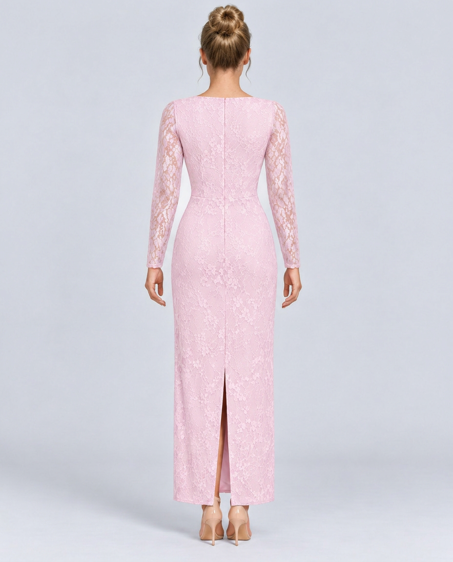 Trudy | Satin-Look Lace-Up Corset Maxi Dress with Lace Sleeves