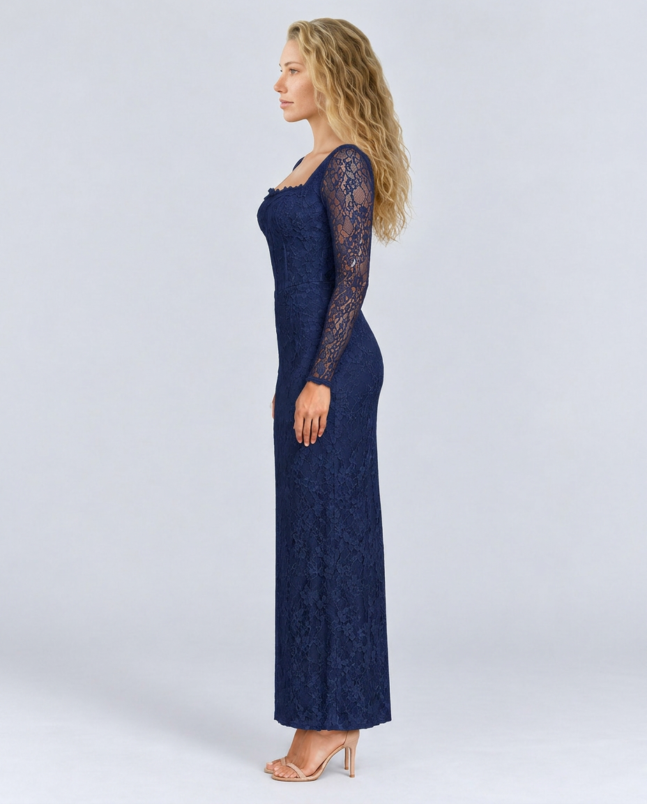 Trudy | Satin-Look Lace-Up Corset Maxi Dress with Lace Sleeves