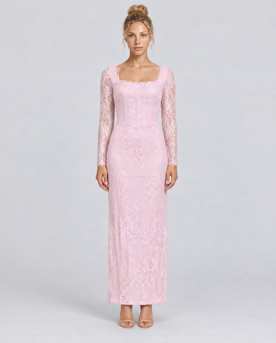 Trudy | Satin-Look Lace-Up Corset Maxi Dress with Lace Sleeves