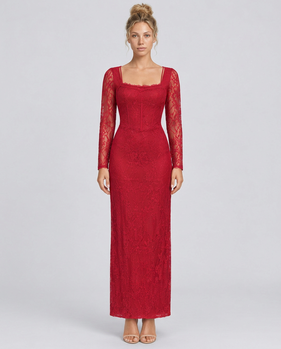 Trudy | Satin-Look Lace-Up Corset Maxi Dress with Lace Sleeves