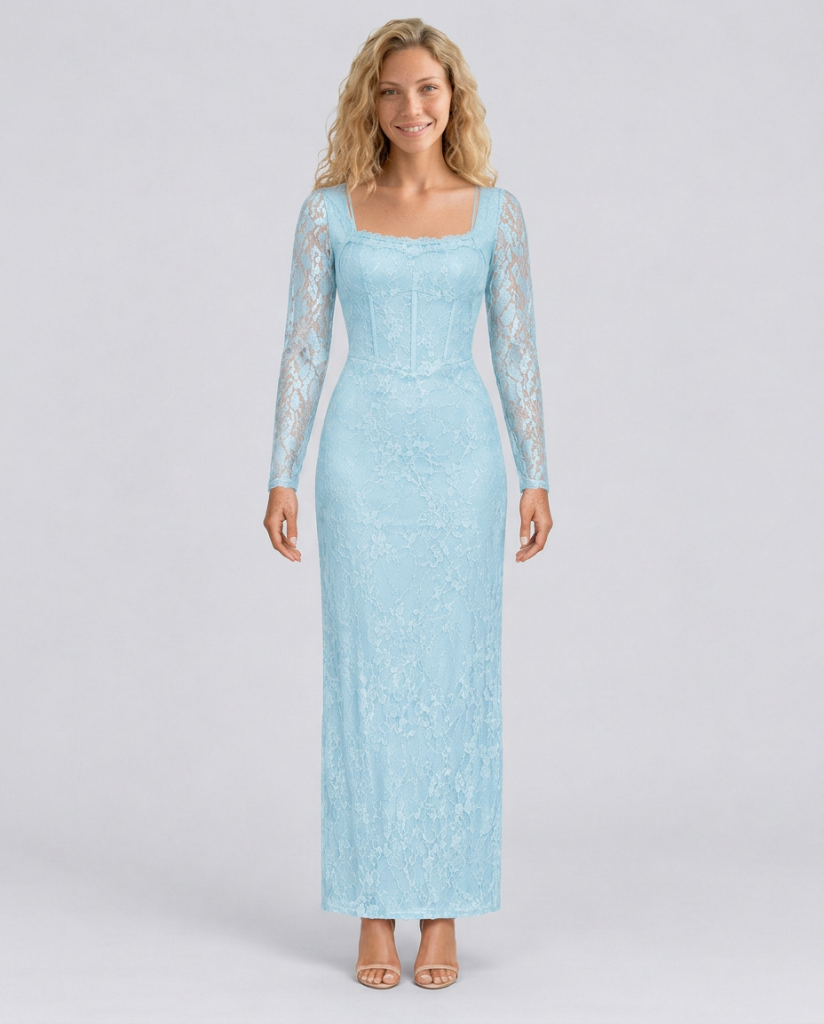 Trudy | Satin-Look Lace-Up Corset Maxi Dress with Lace Sleeves