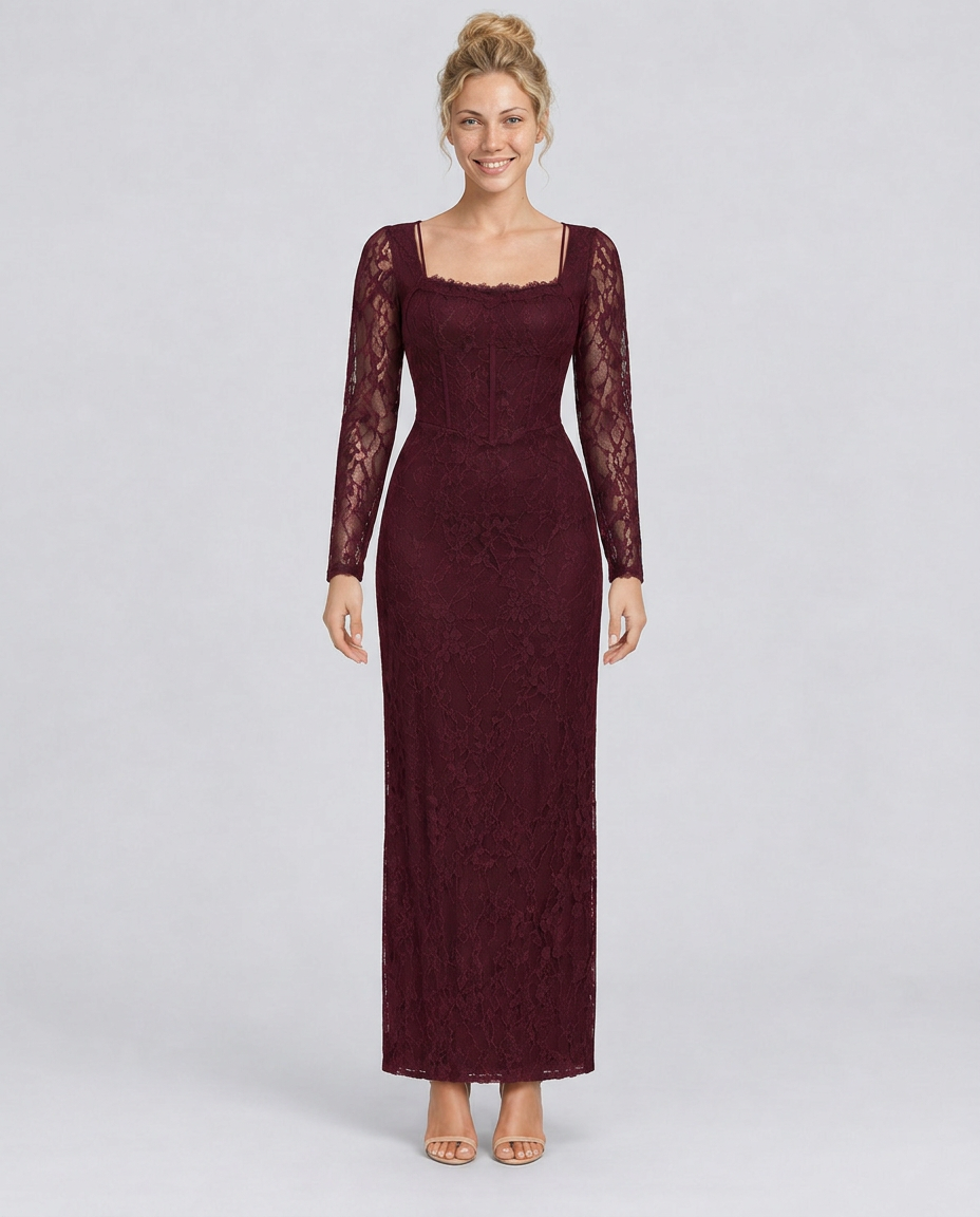 Trudy | Satin-Look Lace-Up Corset Maxi Dress with Lace Sleeves