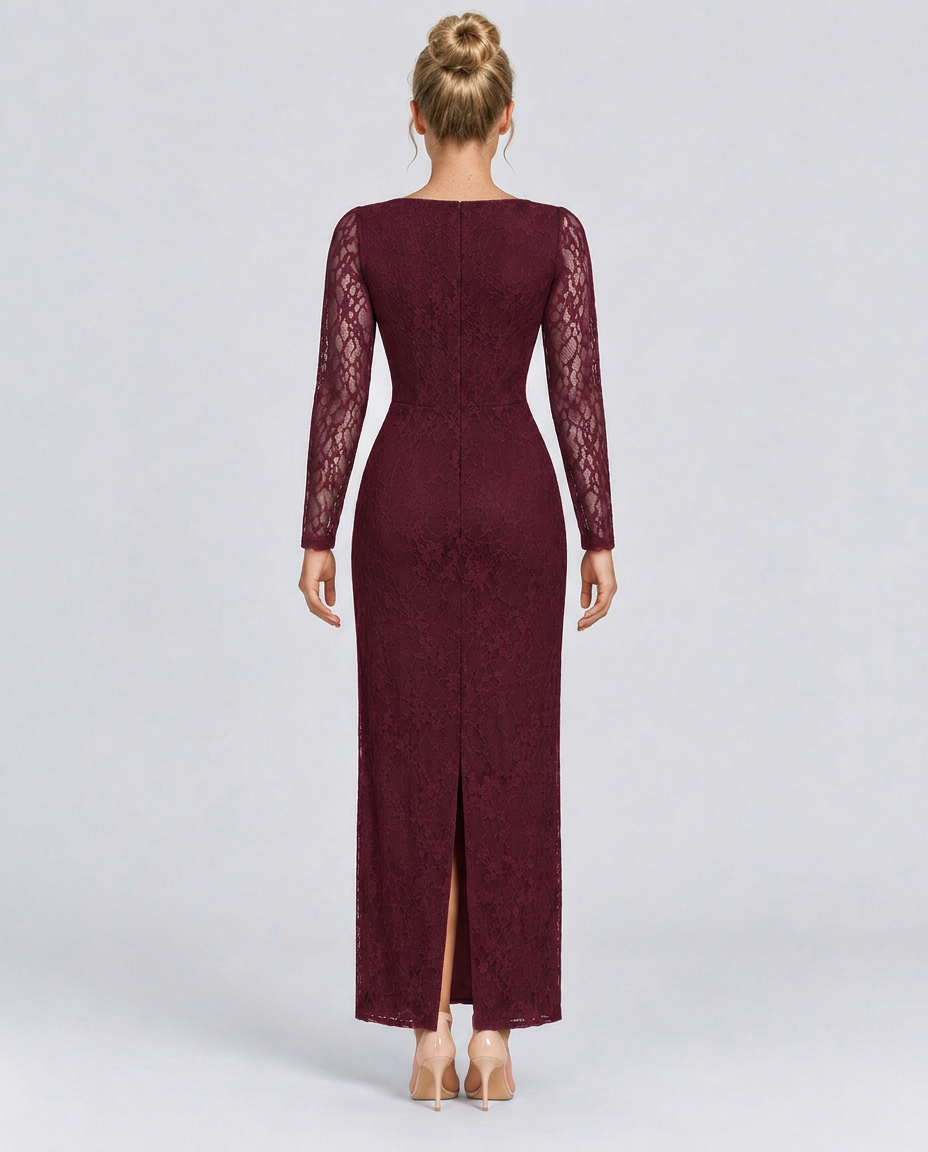 Trudy | Satin-Look Lace-Up Corset Maxi Dress with Lace Sleeves
