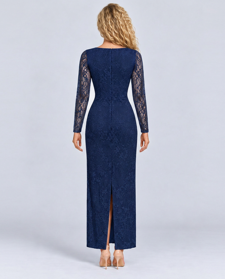 Trudy | Satin-Look Lace-Up Corset Maxi Dress with Lace Sleeves
