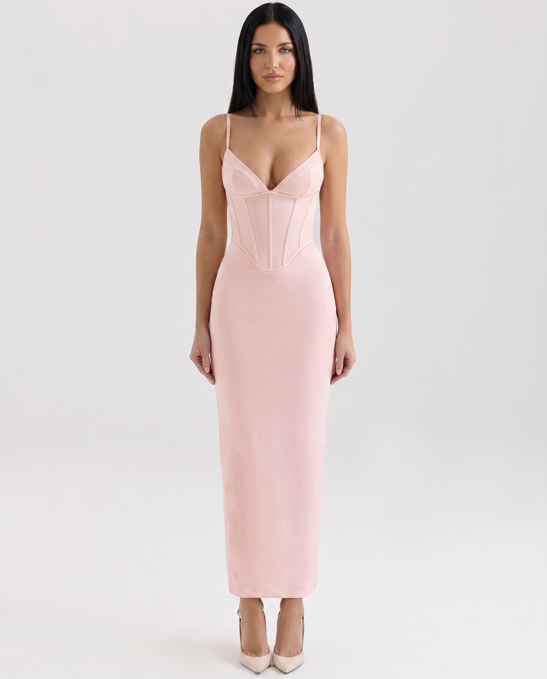 Romola | Mesh Maxi Dress with Corset Bodice and Lace-Up Back
