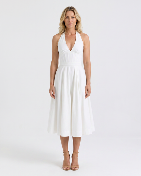 amayah button front midi dress Women's Cotton Halter Midi Dress Fitted Waist Amaya
