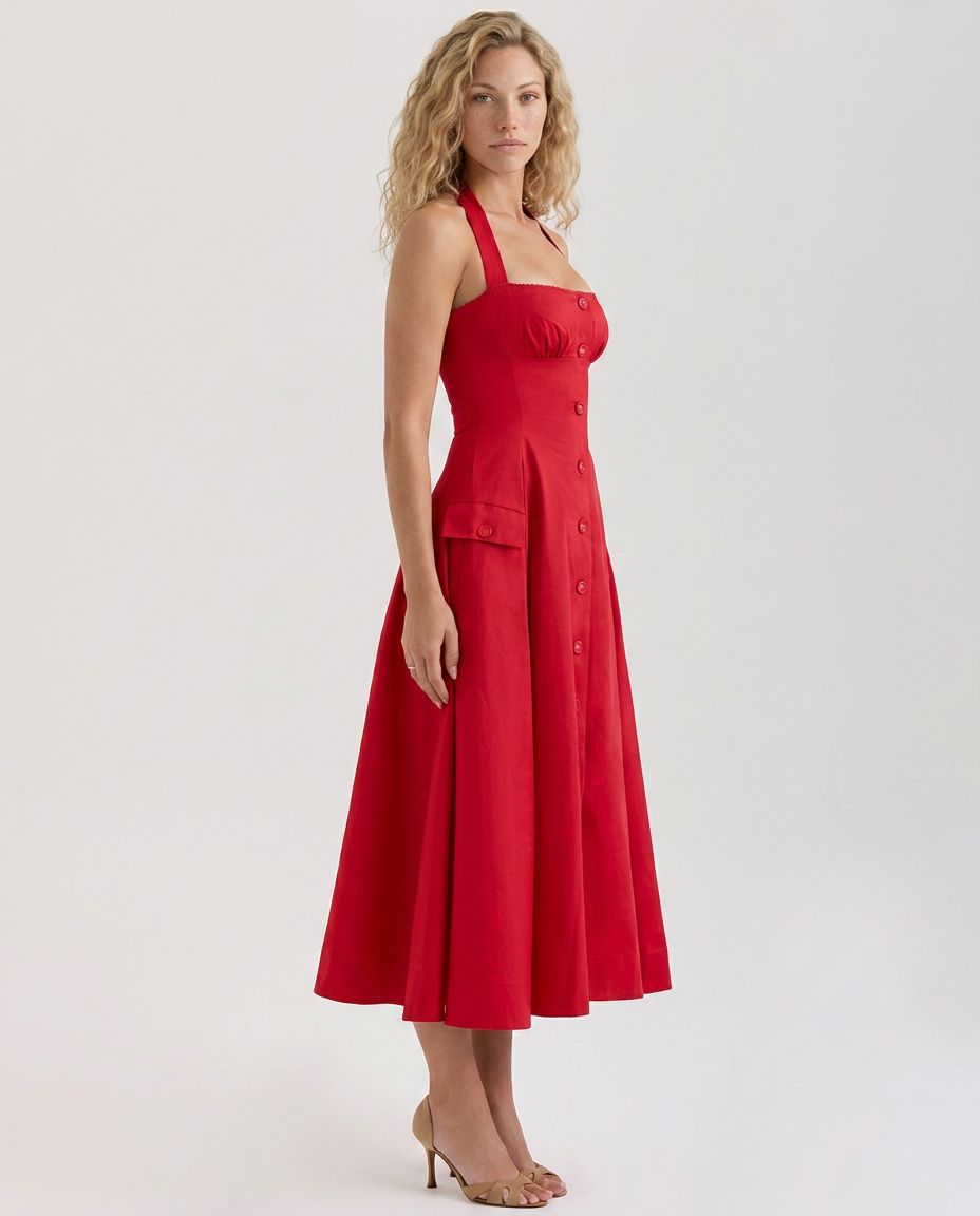 Alisha | Floral Halter Neck Midi Dress with Button Detail