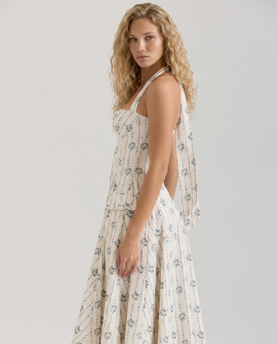 Alisha | Floral Halter Neck Midi Dress with Button Detail