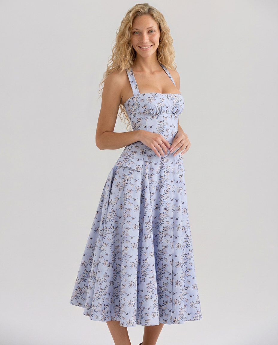 Alisha | Floral Halter Neck Midi Dress with Button Detail
