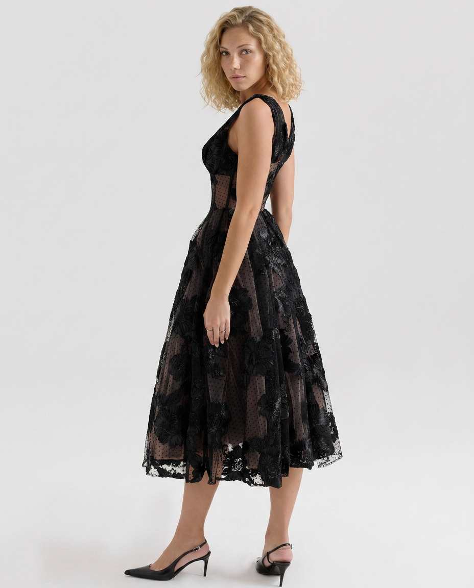 Addie | Embroidered Tulle Corset Midi Dress