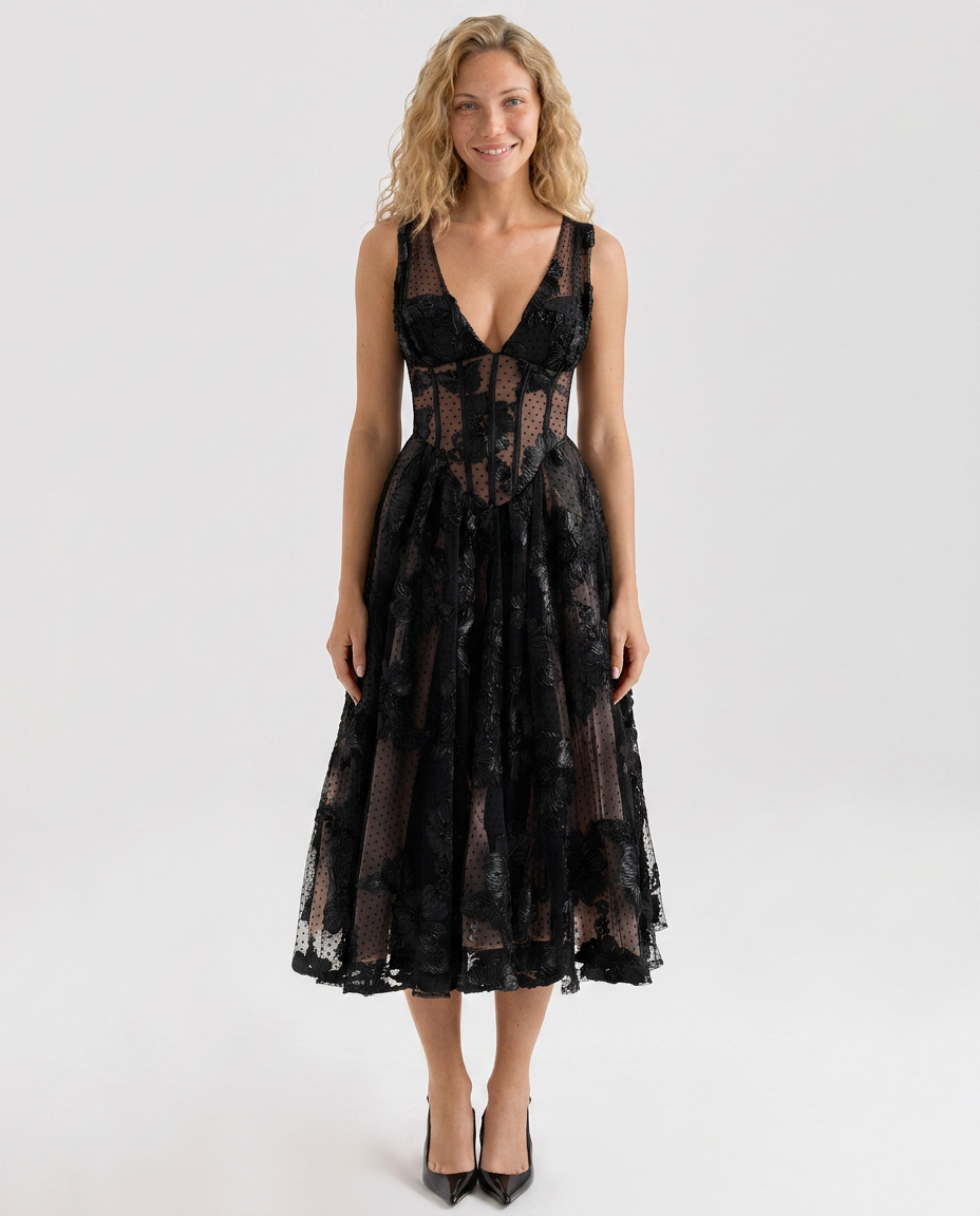 Addie | Embroidered Tulle Corset Midi Dress