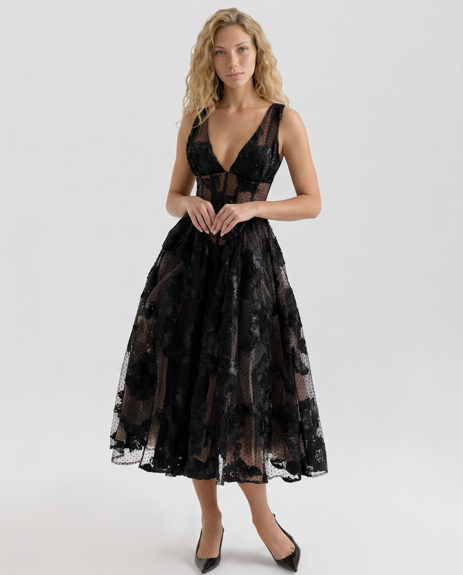 Addie | Embroidered Tulle Corset Midi Dress