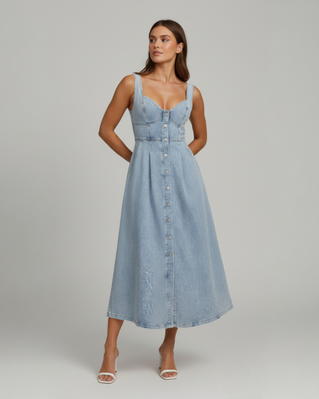 Aveline | Denim Midi Dress with Button Front