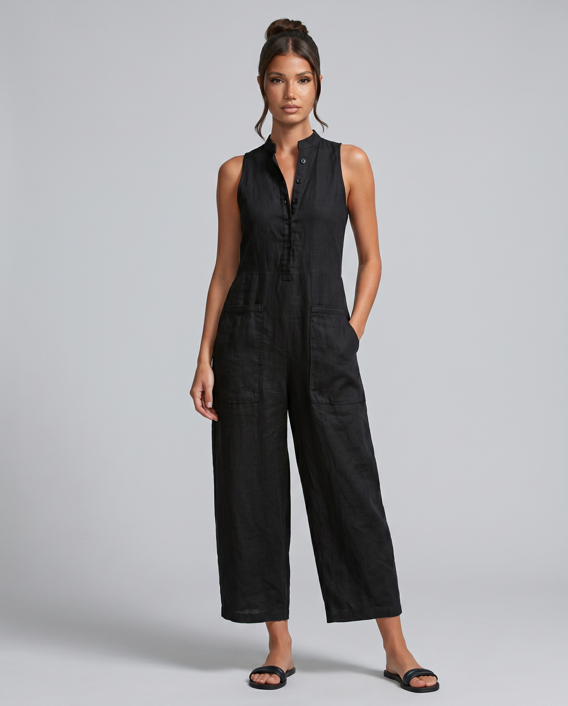 Renee | Sleeveless Button-Up Linen-Blend Jumpsuit