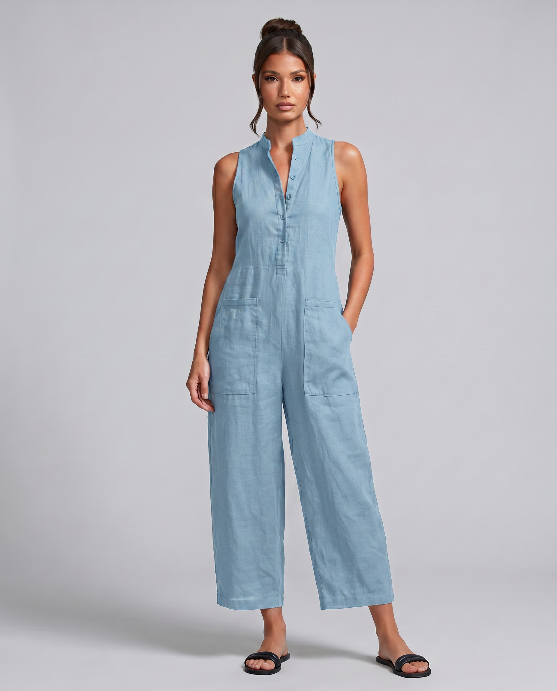 Renee | Sleeveless Button-Up Linen-Blend Jumpsuit