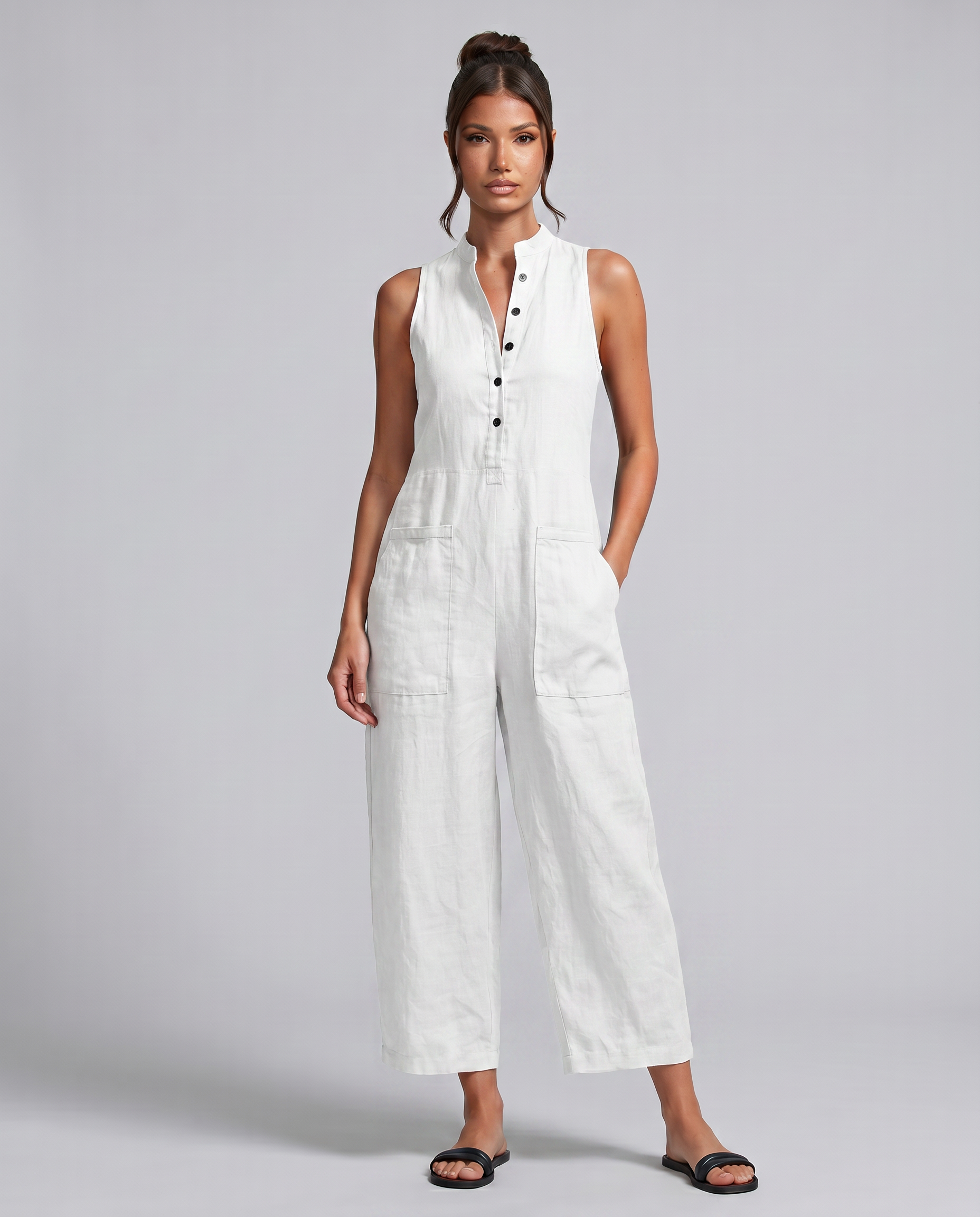 Renee | Sleeveless Button-Up Linen-Blend Jumpsuit