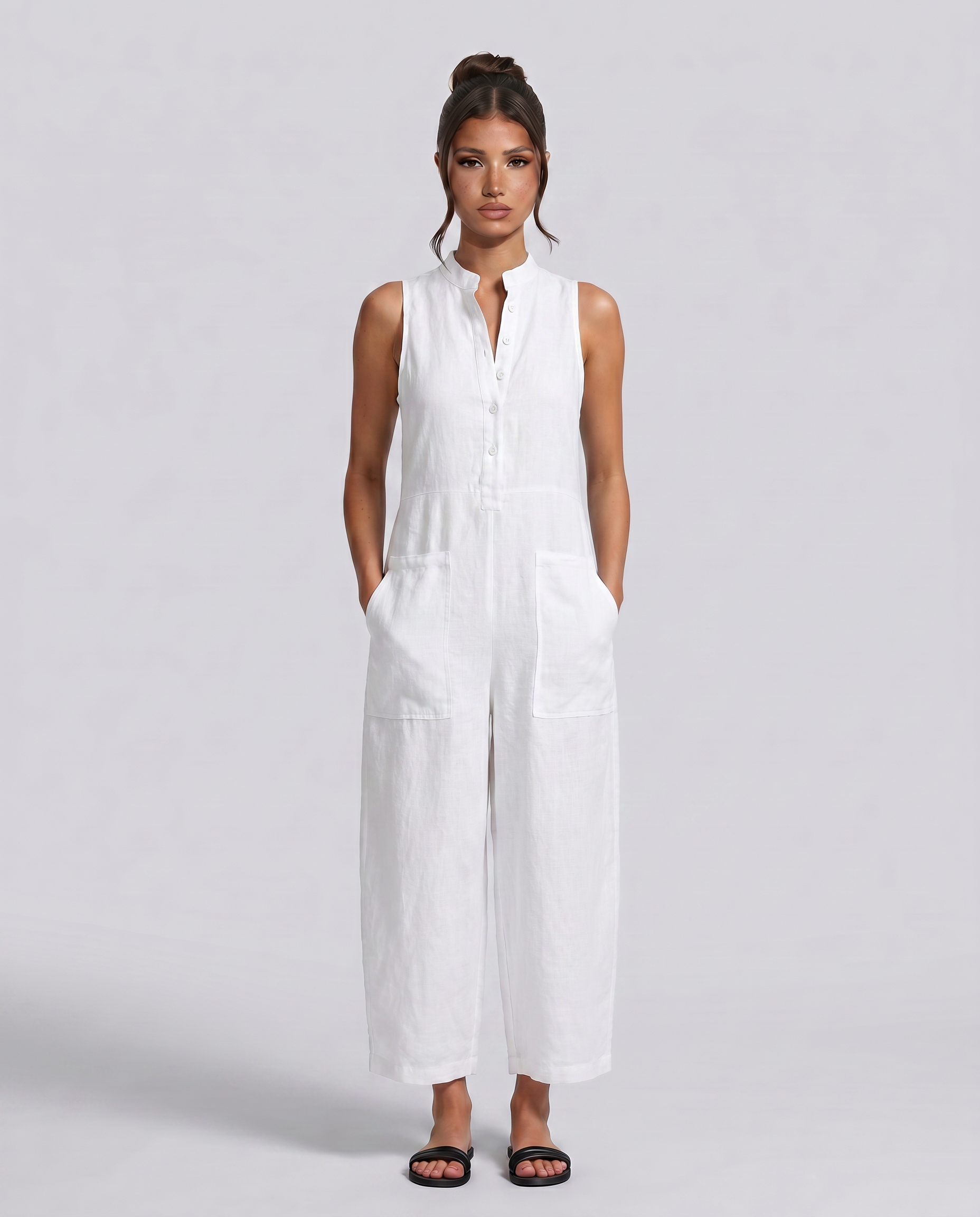 Renee | Sleeveless Button-Up Linen-Blend Jumpsuit