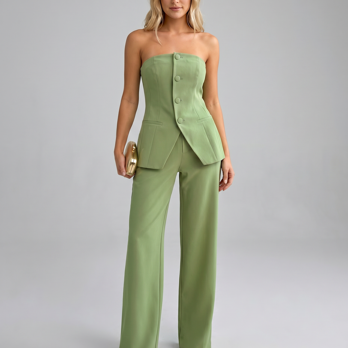 Women's Strapless Bustier Top and Wide Leg Trouser Set Wendy