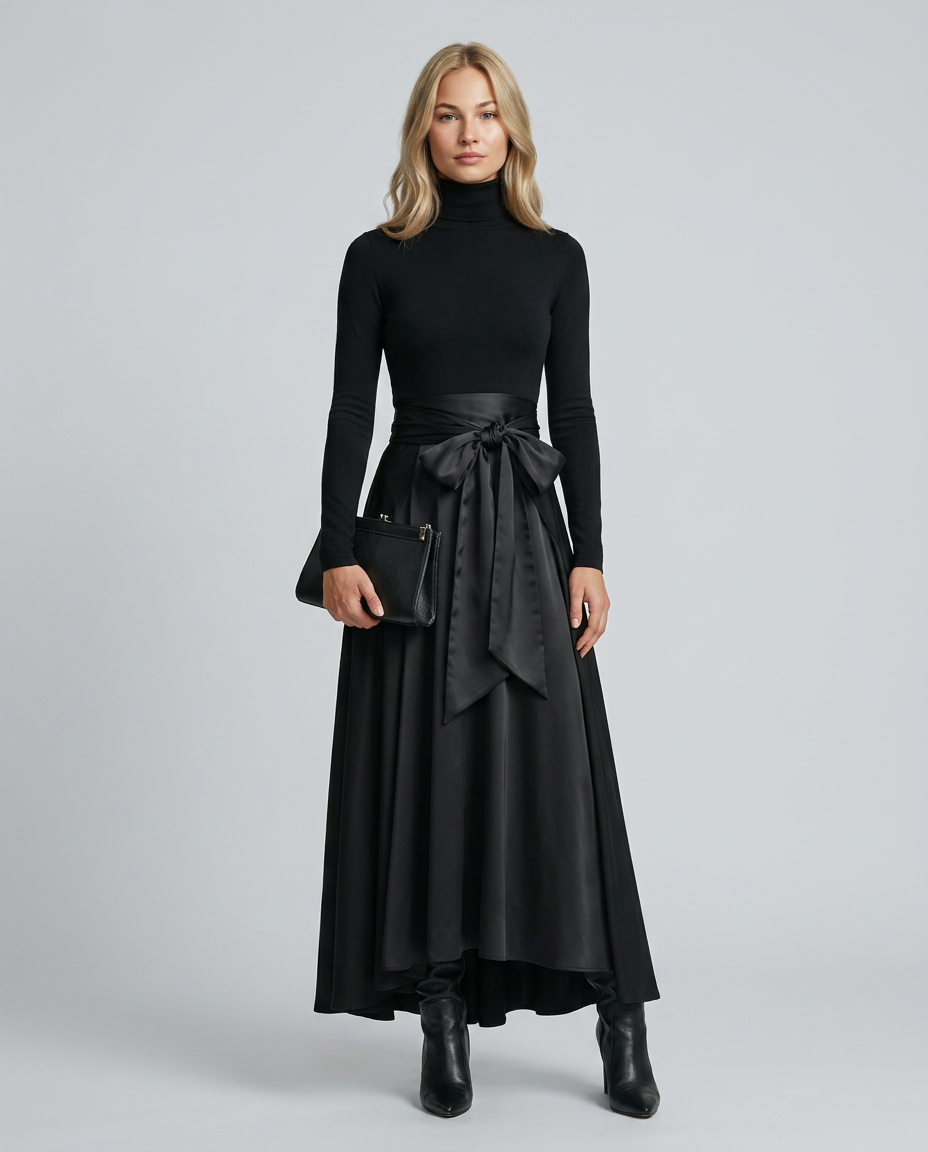 Mindy | High-Neck Maxi Dress with Satin Flared Skirt