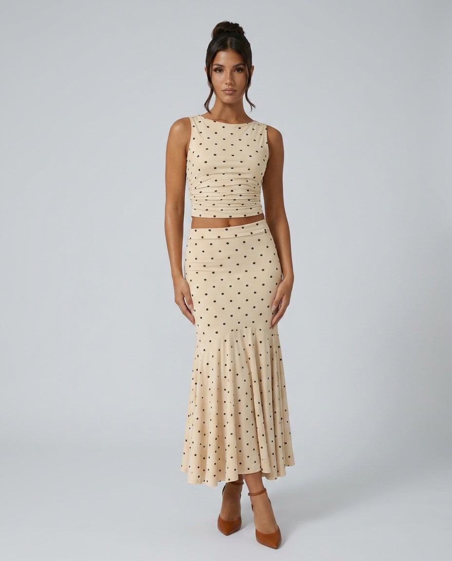 Alba | Polka Dot Sleeveless Crop Top & Ruched Maxi Skirt Set