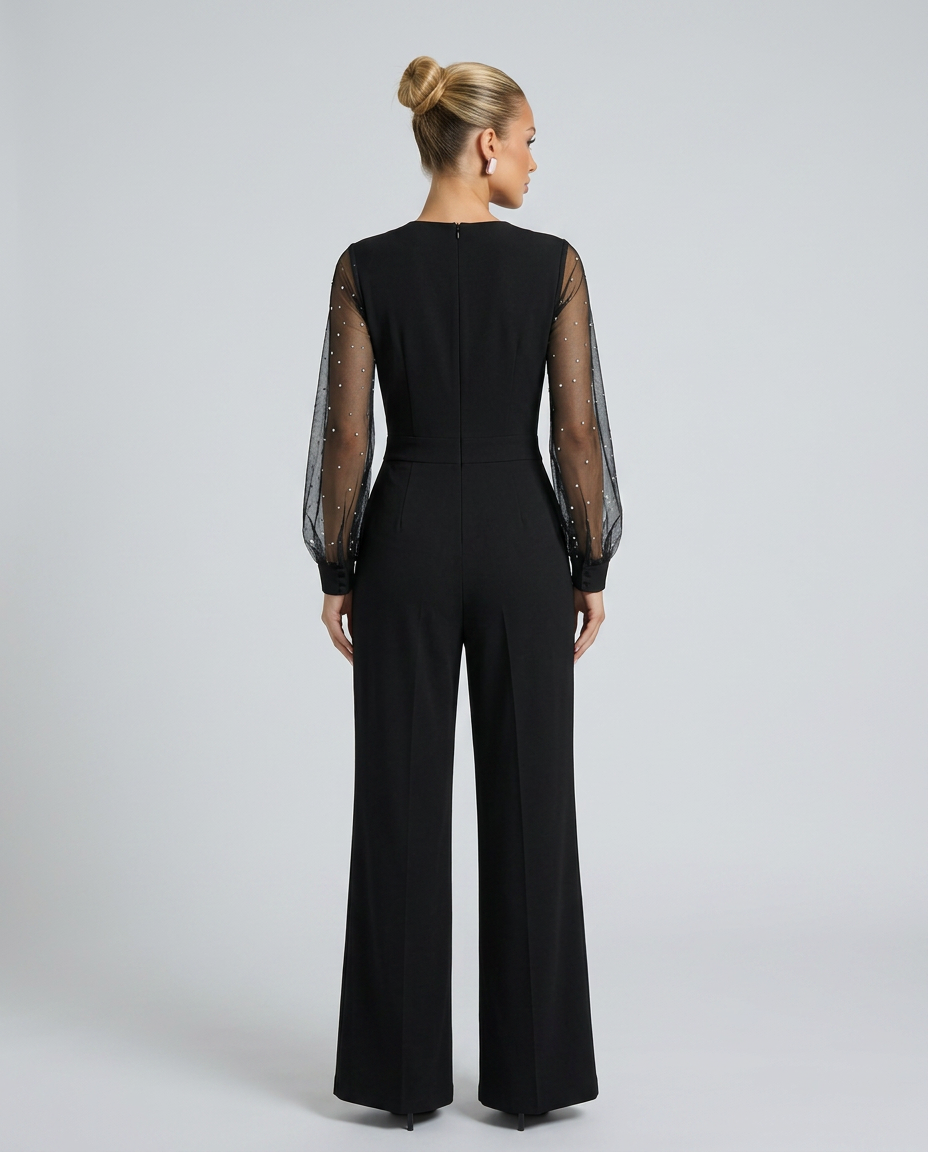 Ellen | Sequin Mesh Sleeve Jumpsuit with Wide-Leg Trousers