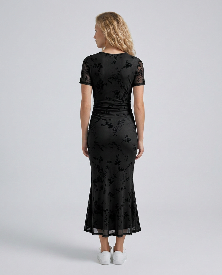 Liana | Floral Waist-Cinching Mesh Midi Dress