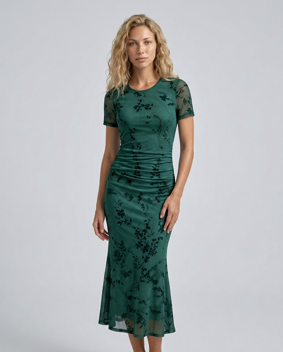 Liana | Floral Waist-Cinching Mesh Midi Dress