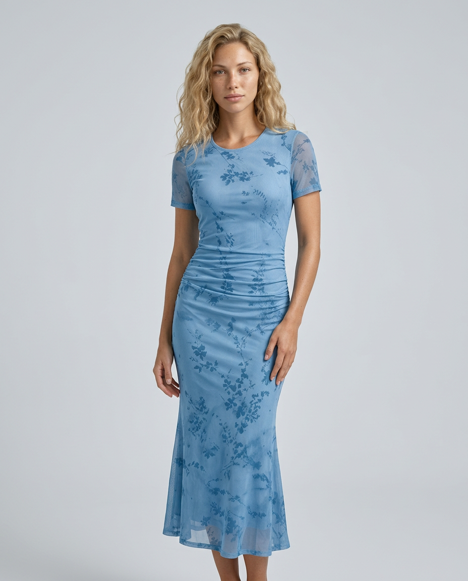 Liana | Floral Waist-Cinching Mesh Midi Dress