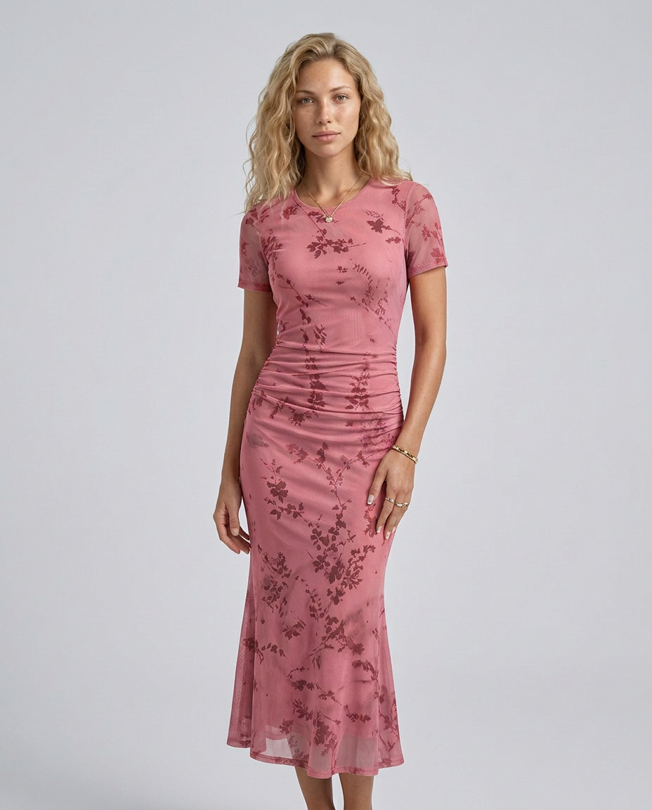 Liana | Floral Waist-Cinching Mesh Midi Dress
