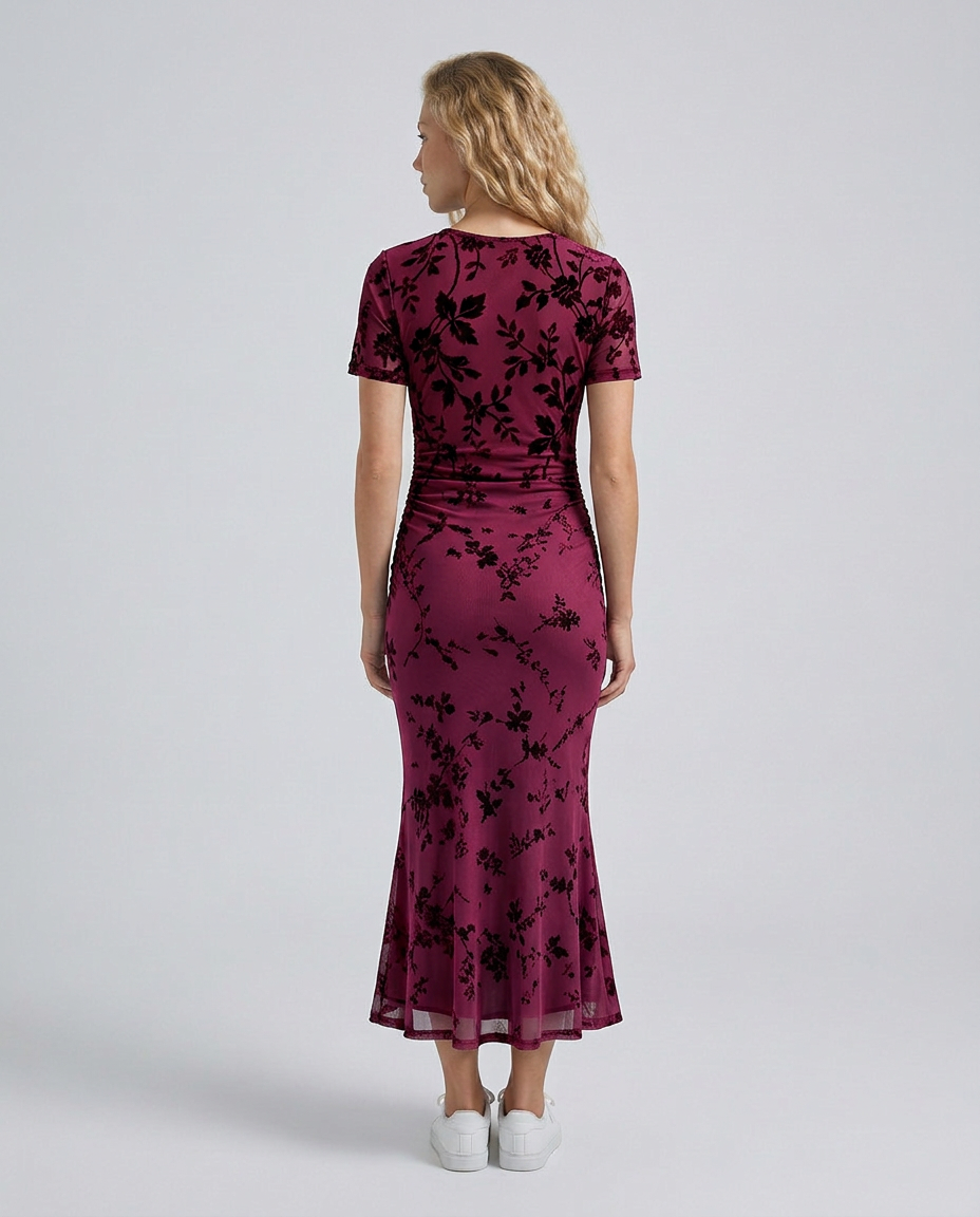 Liana | Floral Waist-Cinching Mesh Midi Dress