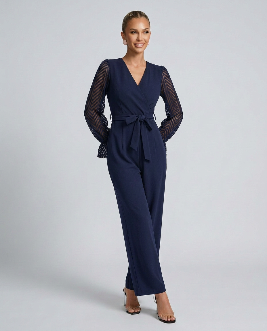 Susie | Wrap Jumpsuit with Sheer Sleeves and Waist Tie