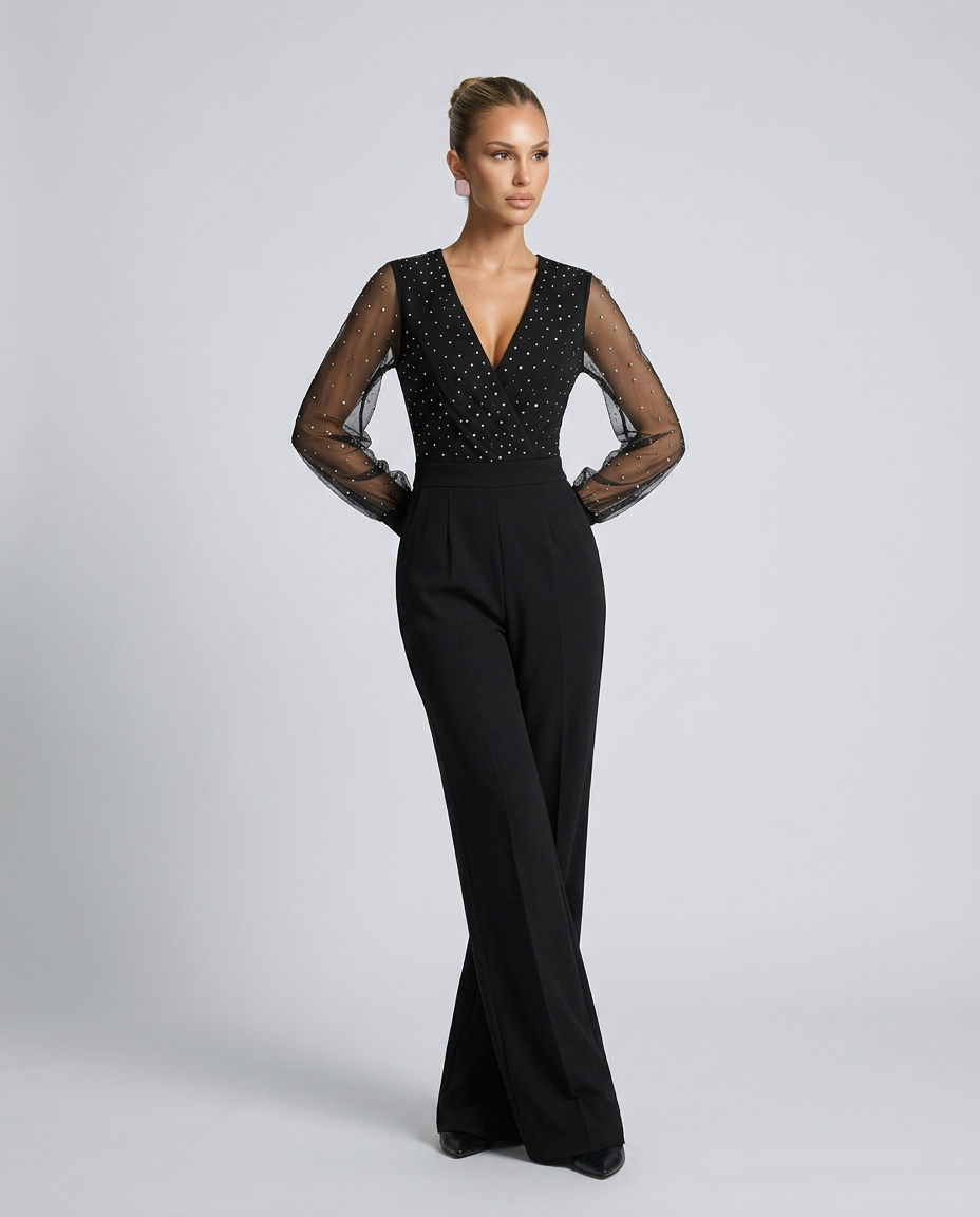 Lynda | Wide-Leg Jumpsuit with Mesh Sleeves