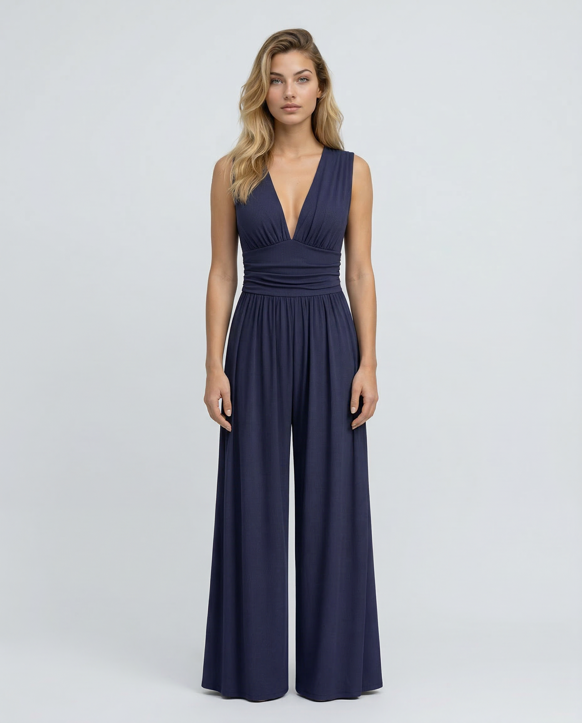 Eleanor | V-neck Ruched Solid Wide Leg Jumpsuit