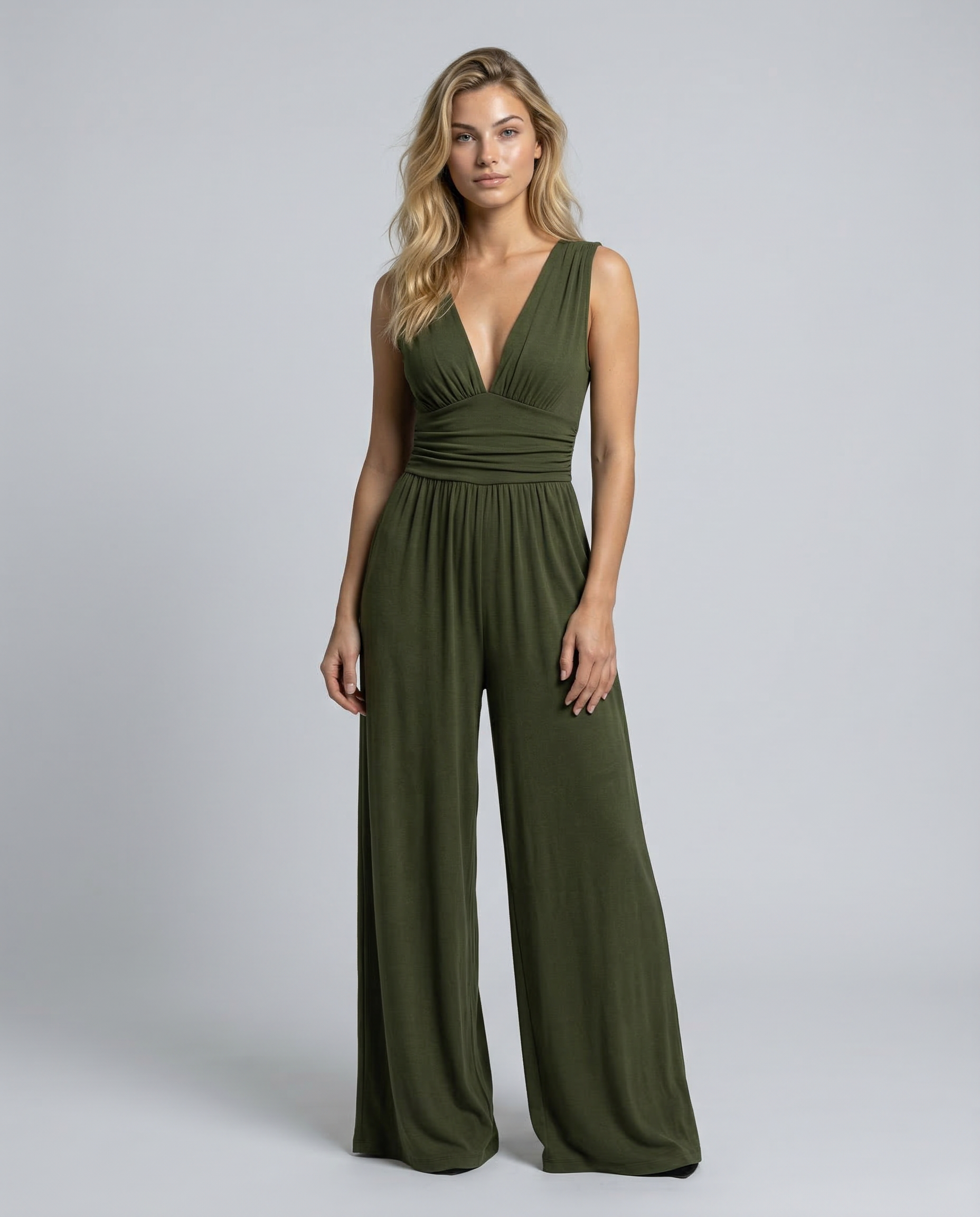 Eleanor | V-neck Ruched Solid Wide Leg Jumpsuit