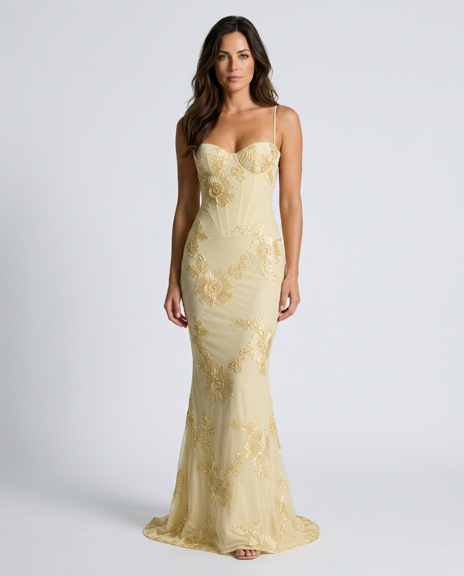 Isolène | Floral Jacquard Corset Maxi Dress