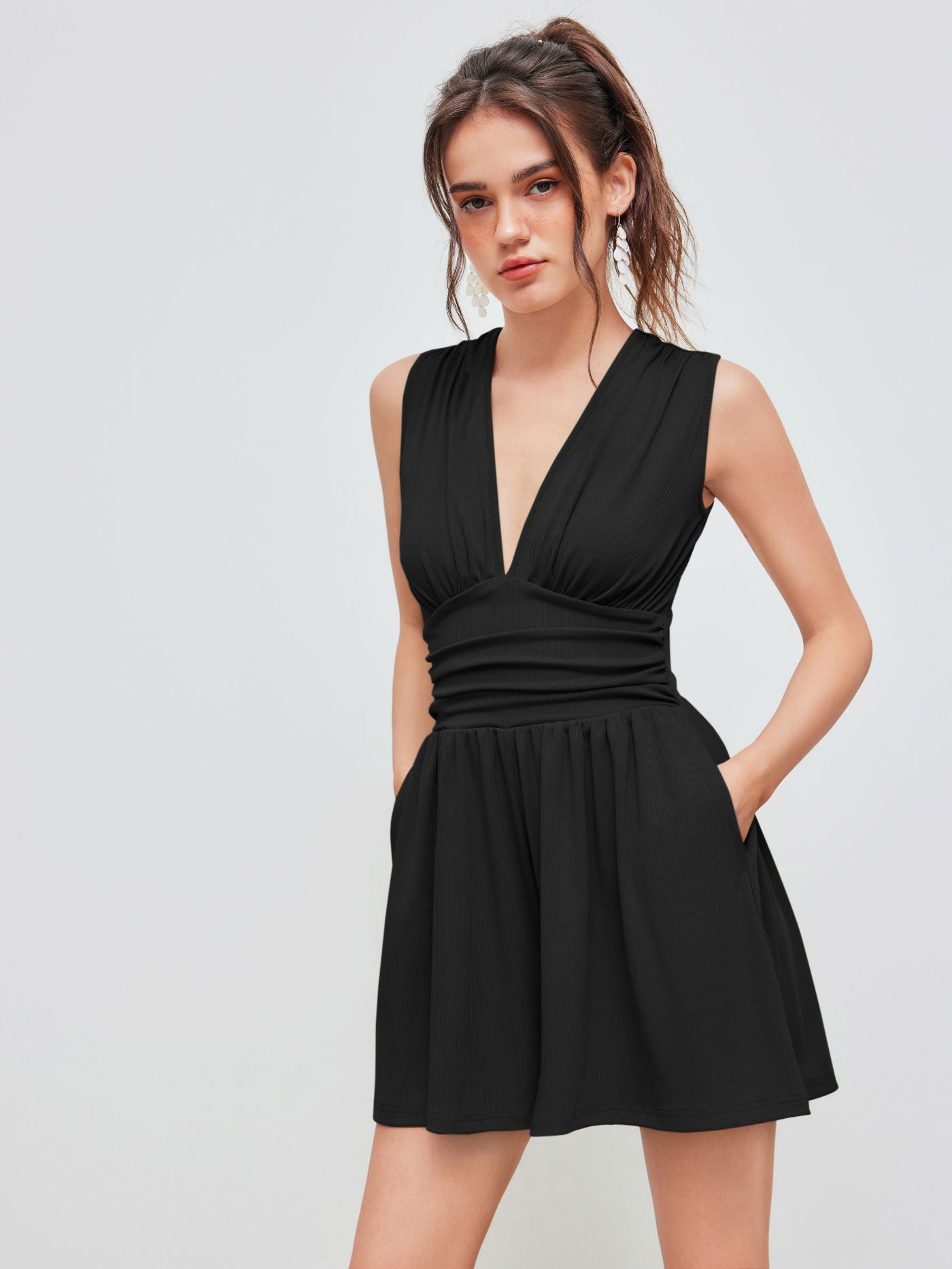 Kylie | V-neck Solid Ruched Pocket Romper